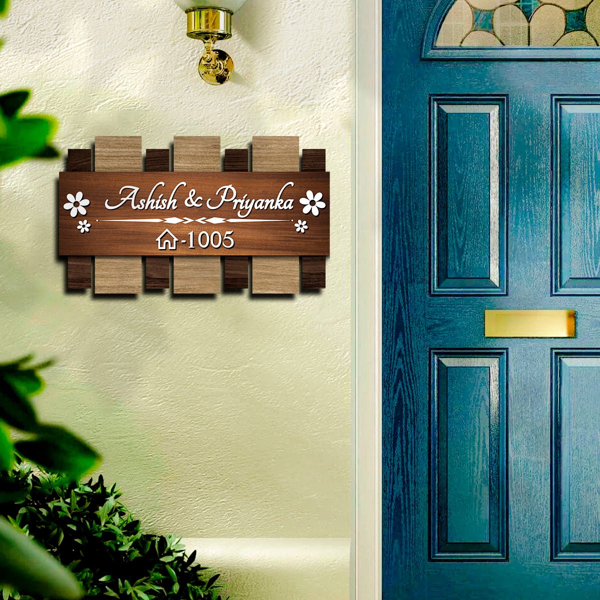 Wooden Couple Name Plate – Walnut Slat Design for Door - Sblossom