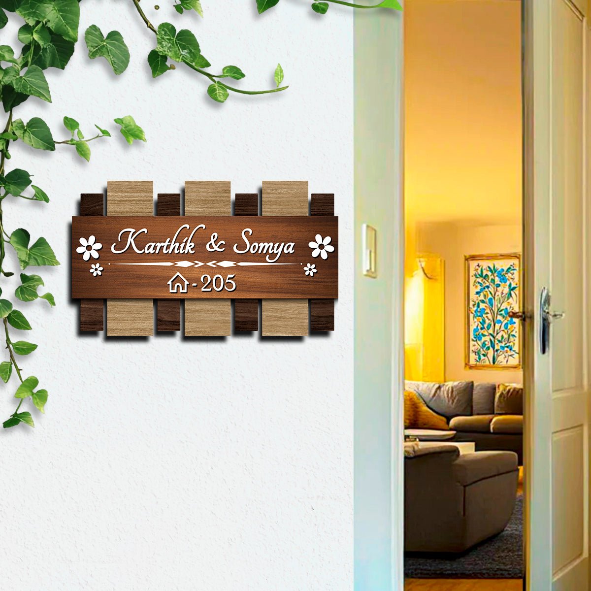 Wooden Couple Name Plate – Walnut Slat Design for Door - Sblossom