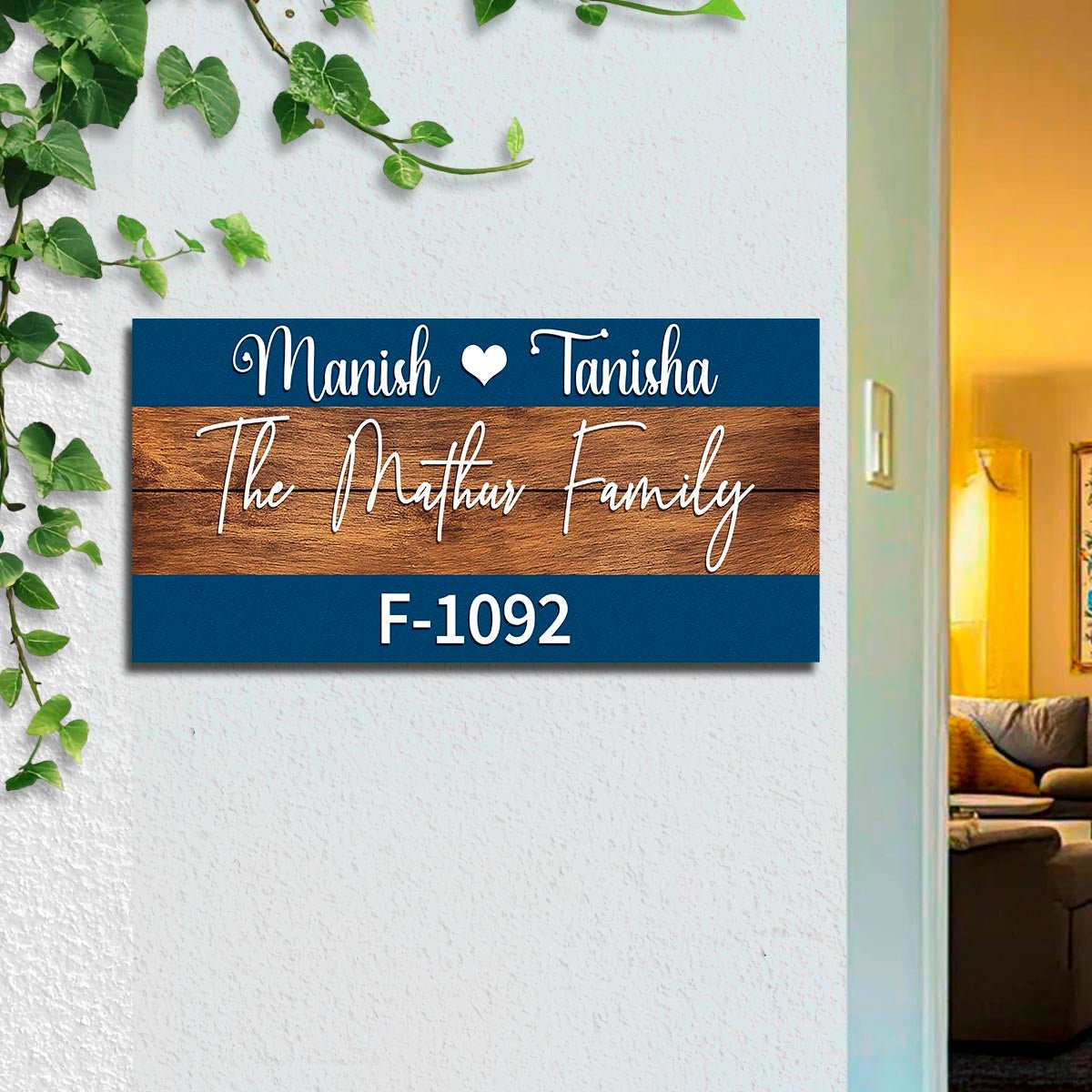Wooden Family Name Plate – Dual-Tone Blue Bands in 3D - Sblossom
