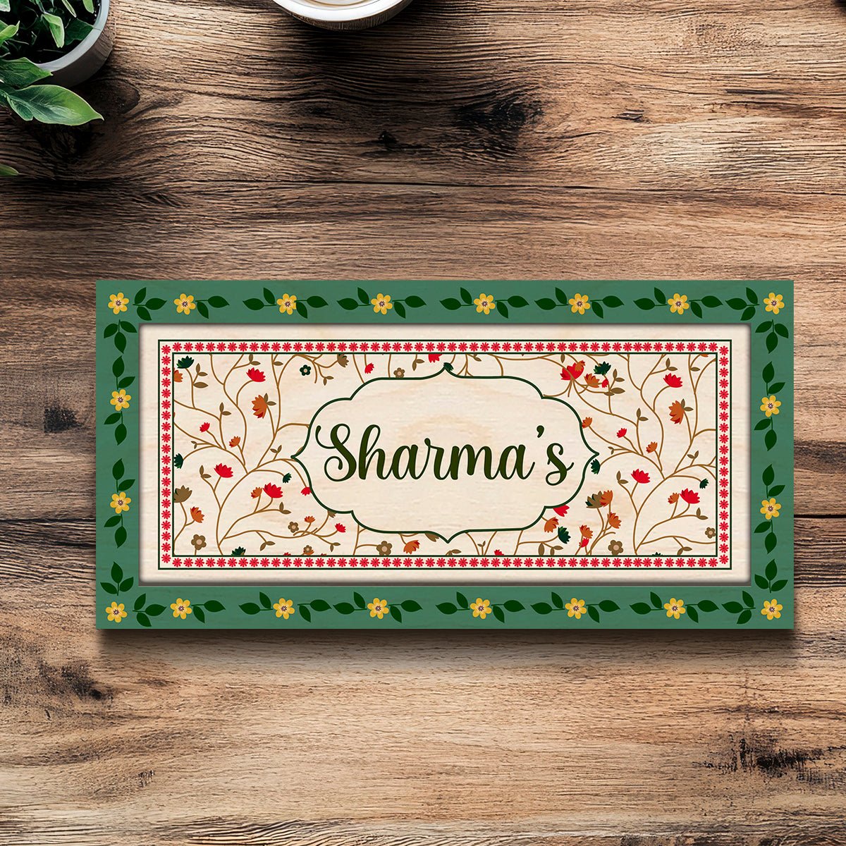 Wooden Floral Name Plate for Home, 12x6 Inch - Sblossom