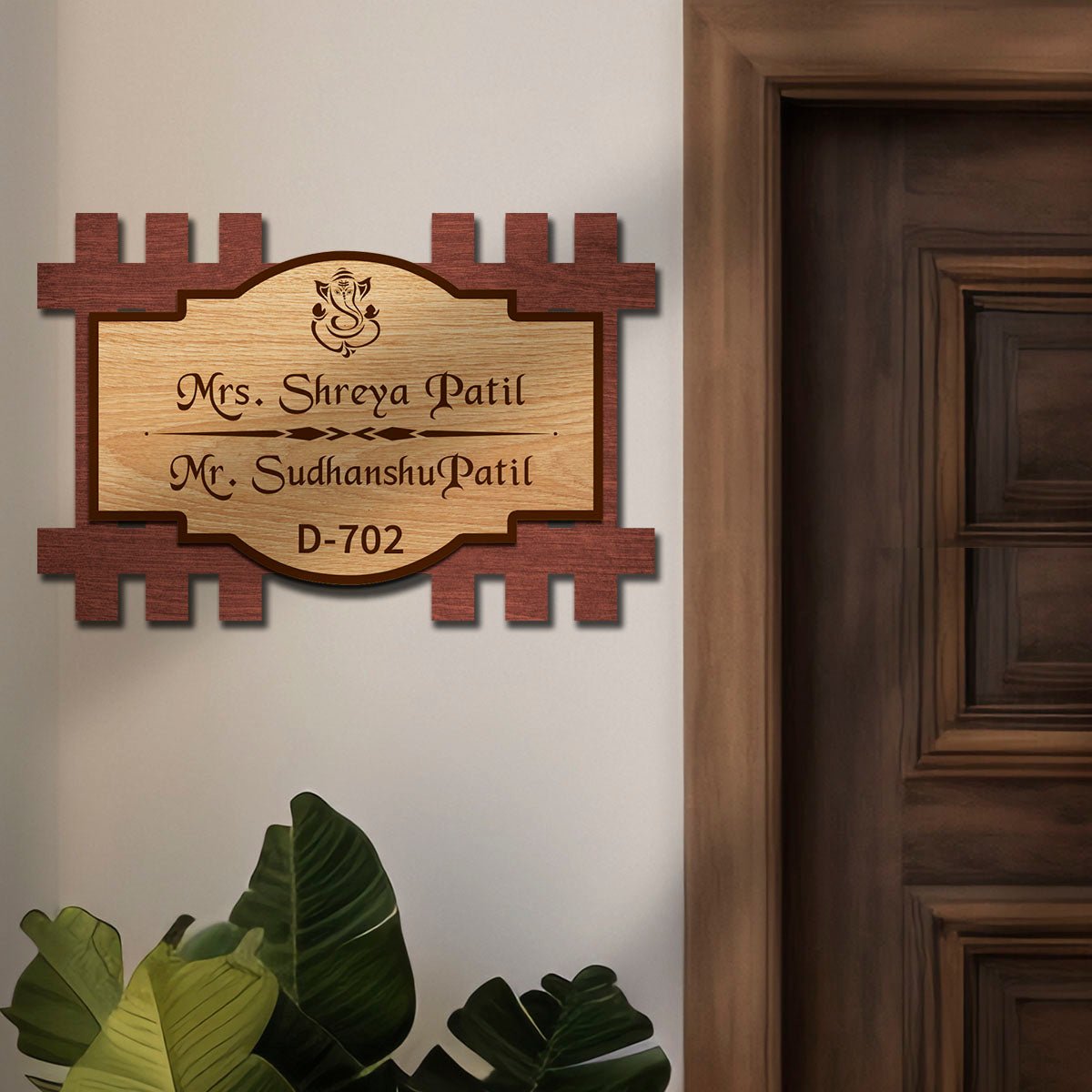 Wooden Name Board for Home – Layered Haveli with Ganesha - Sblossom