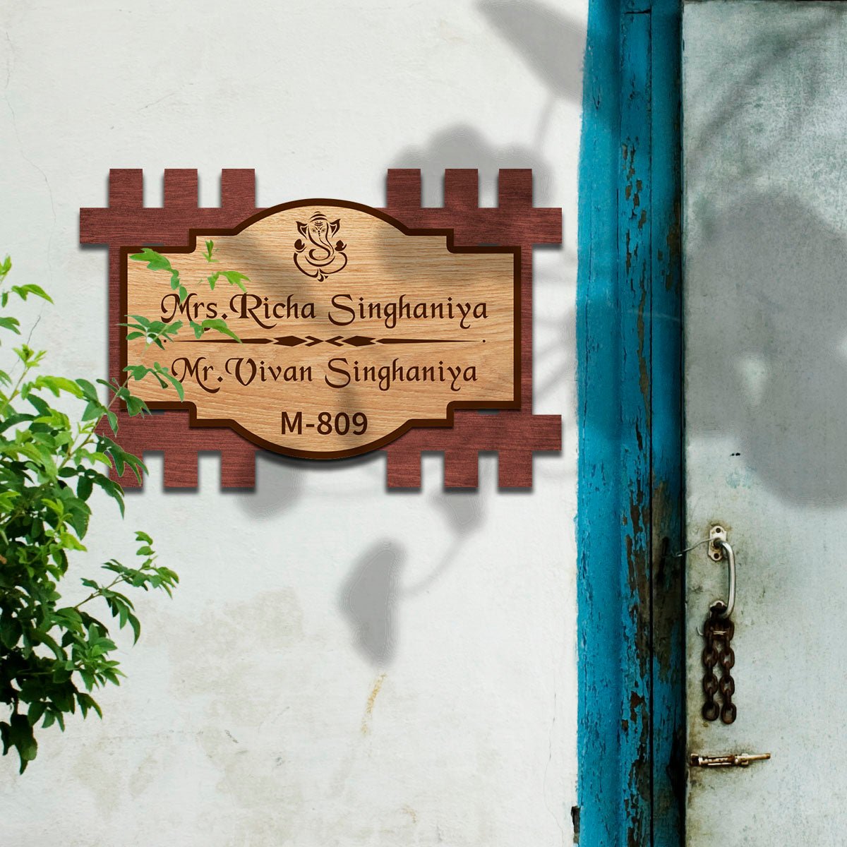 Wooden Name Board for Home – Layered Haveli with Ganesha - Sblossom
