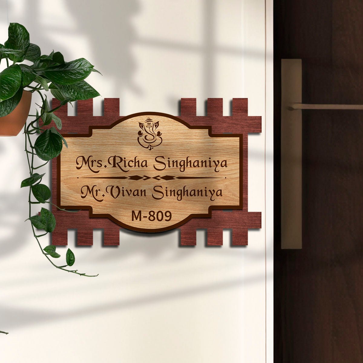 Wooden Name Board for Home – Layered Haveli with Ganesha - Sblossom