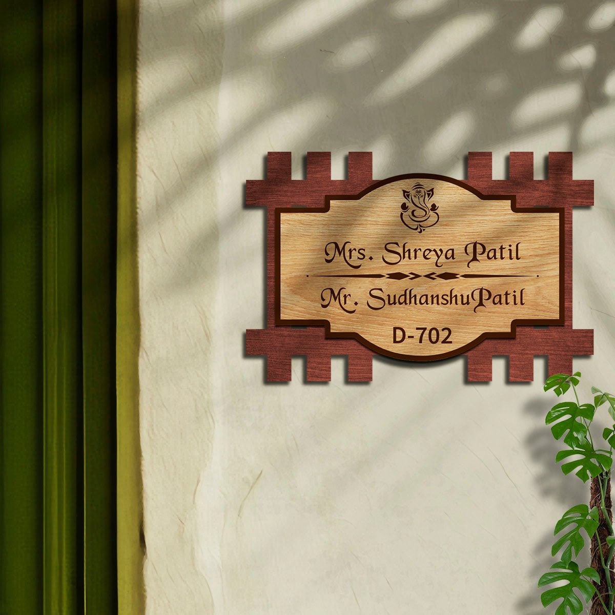 Wooden Name Board for Home – Layered Haveli with Ganesha - Sblossom