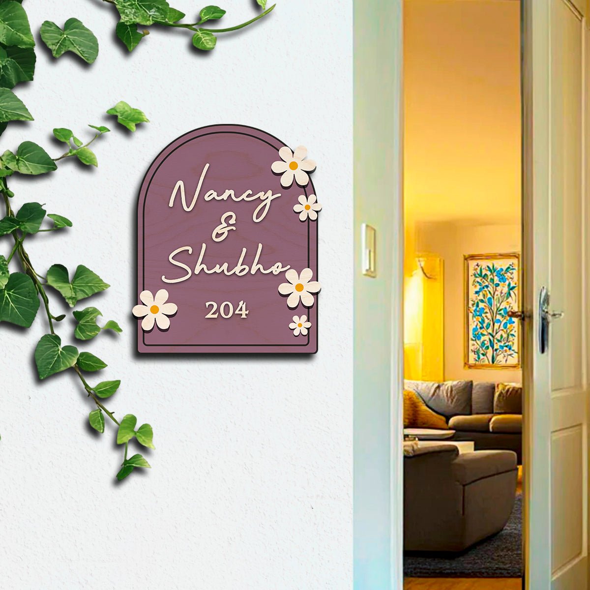 Wooden Name Plate for Home – Blue Daisy Couple in 3D - Sblossom