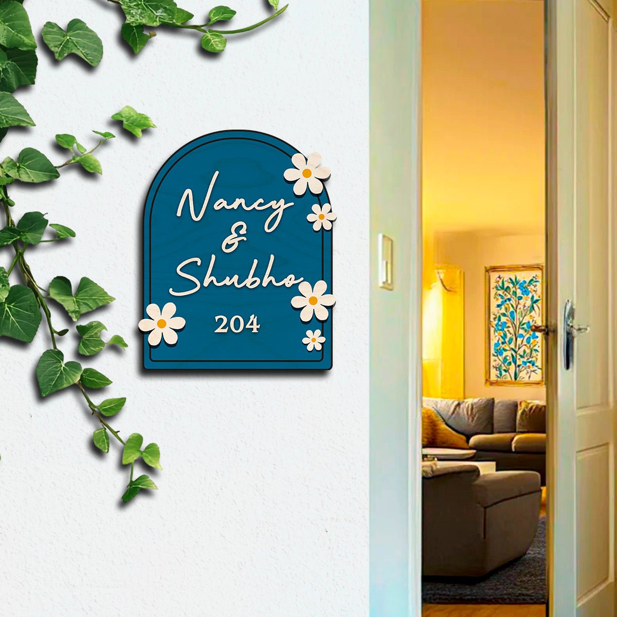 Wooden Name Plate for Home – Blue Daisy Couple in 3D - Sblossom