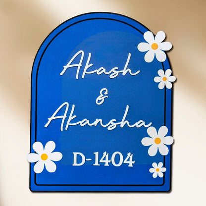 Wooden Name Plate for Home – Blue Daisy Couple in 3D - Sblossom