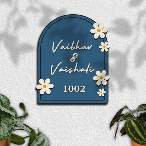 Wooden Name Plate for Home – Blue Daisy Couple in 3D - Sblossom