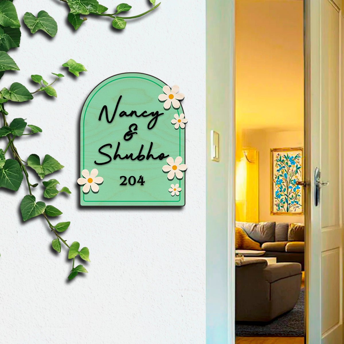 Wooden Name Plate for Home – Blue Daisy Couple in 3D - Sblossom