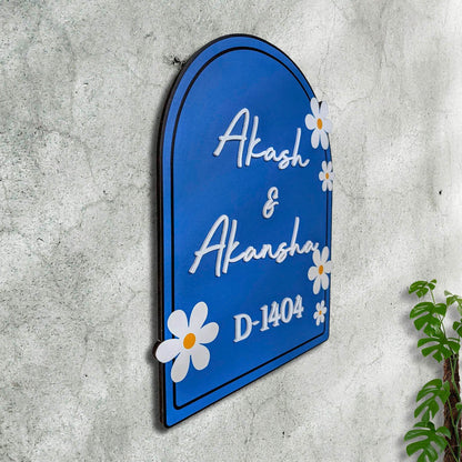 Wooden Name Plate for Home – Blue Daisy Couple in 3D - Sblossom