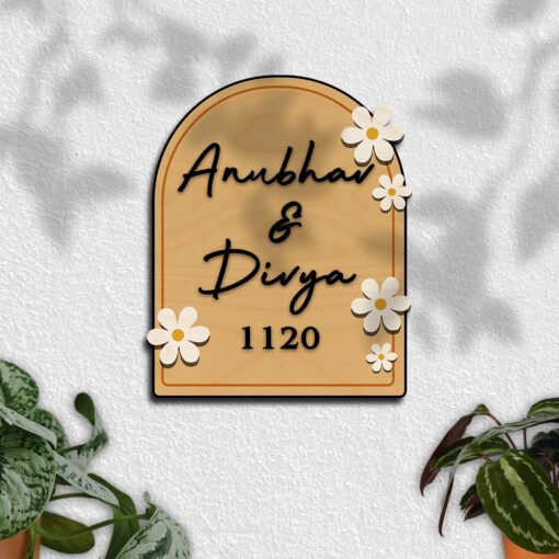 Wooden Name Plate for Home – Blue Daisy Couple in 3D - Sblossom