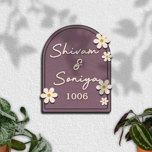 Wooden Name Plate for Home – Blue Daisy Couple in 3D - Sblossom