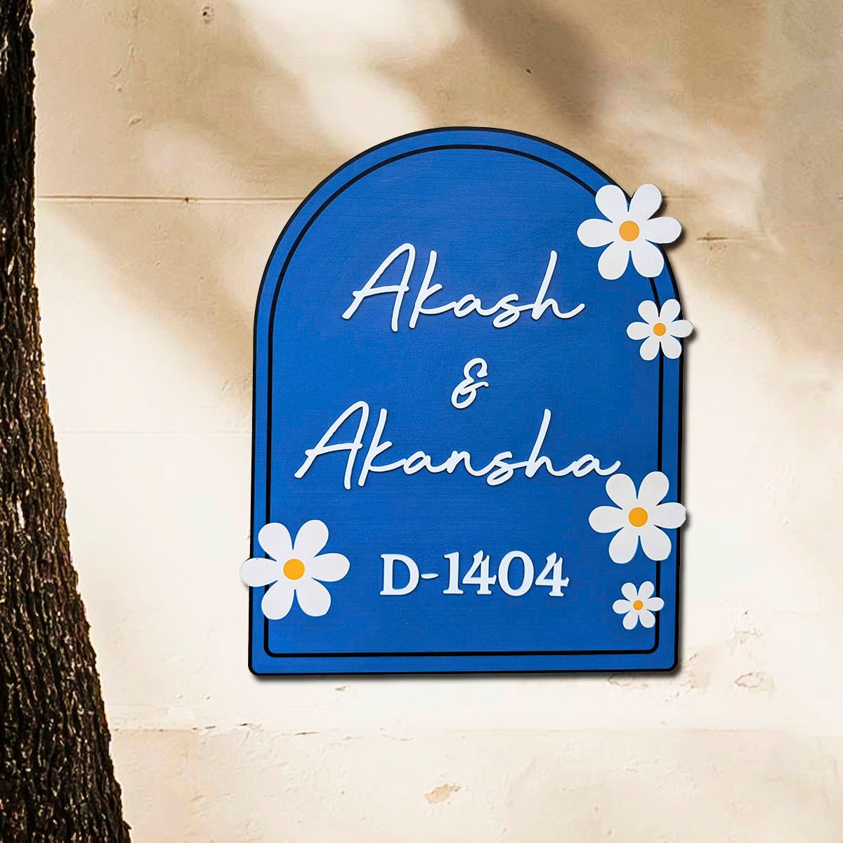 Wooden Name Plate for Home – Blue Daisy Couple in 3D - Sblossom