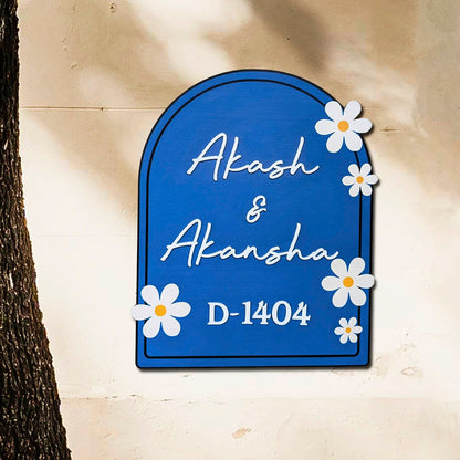 Wooden Name Plate for Home – Blue Daisy Couple in 3D - Sblossom