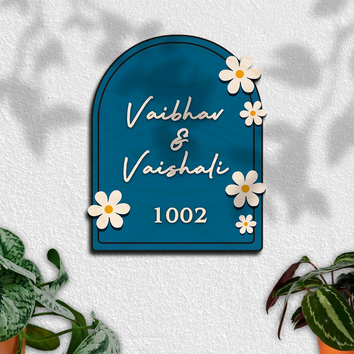 Wooden Name Plate for Home – Blue Daisy Couple in 3D - Sblossom