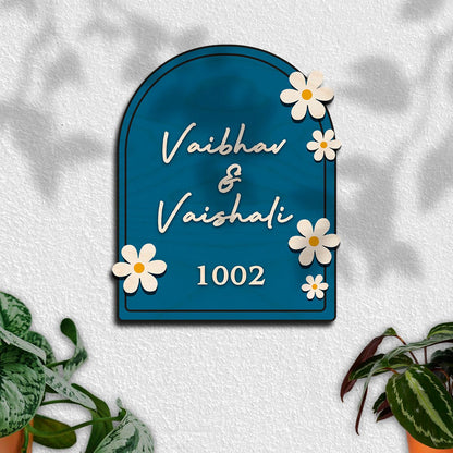 Wooden Name Plate for Home – Blue Daisy Couple in 3D - Sblossom