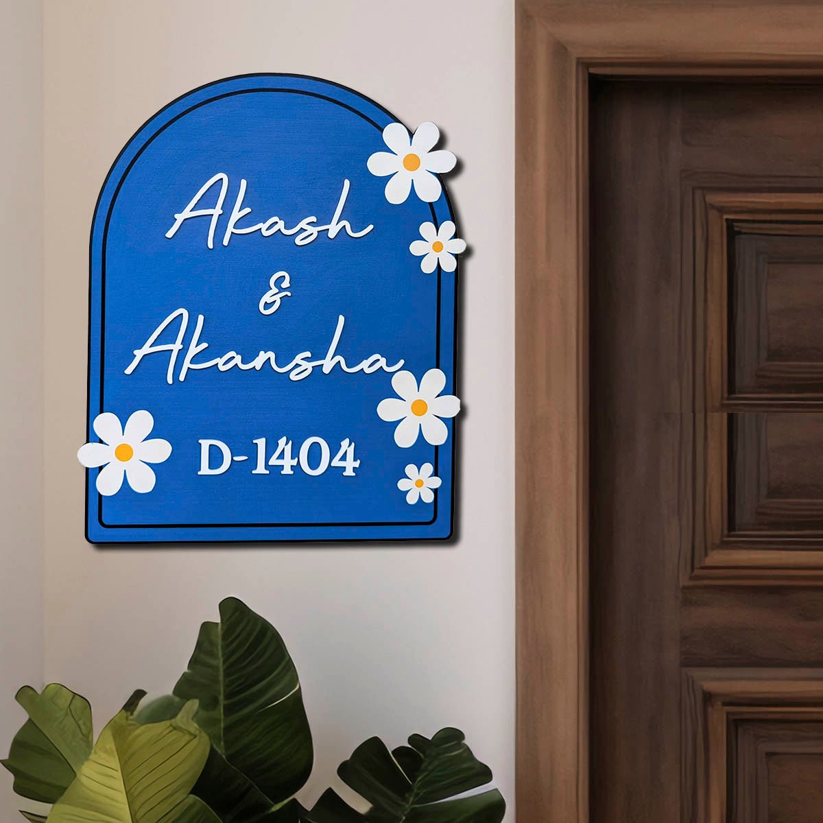 Wooden Name Plate for Home – Blue Daisy Couple in 3D - Sblossom