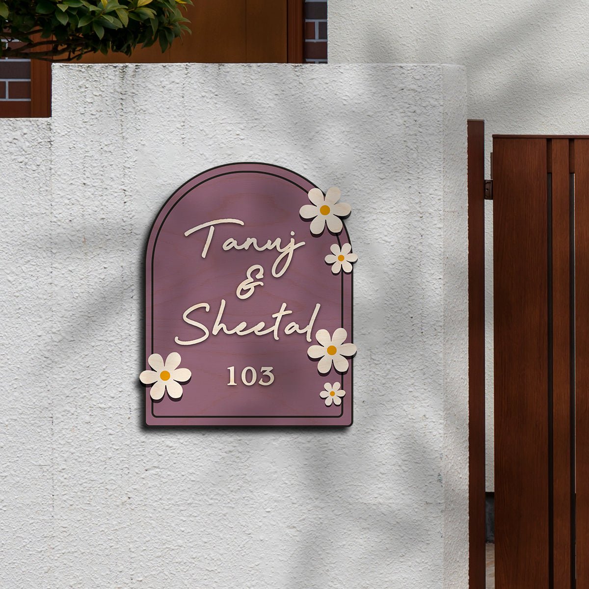 Wooden Name Plate for Home – Blue Daisy Couple in 3D - Sblossom
