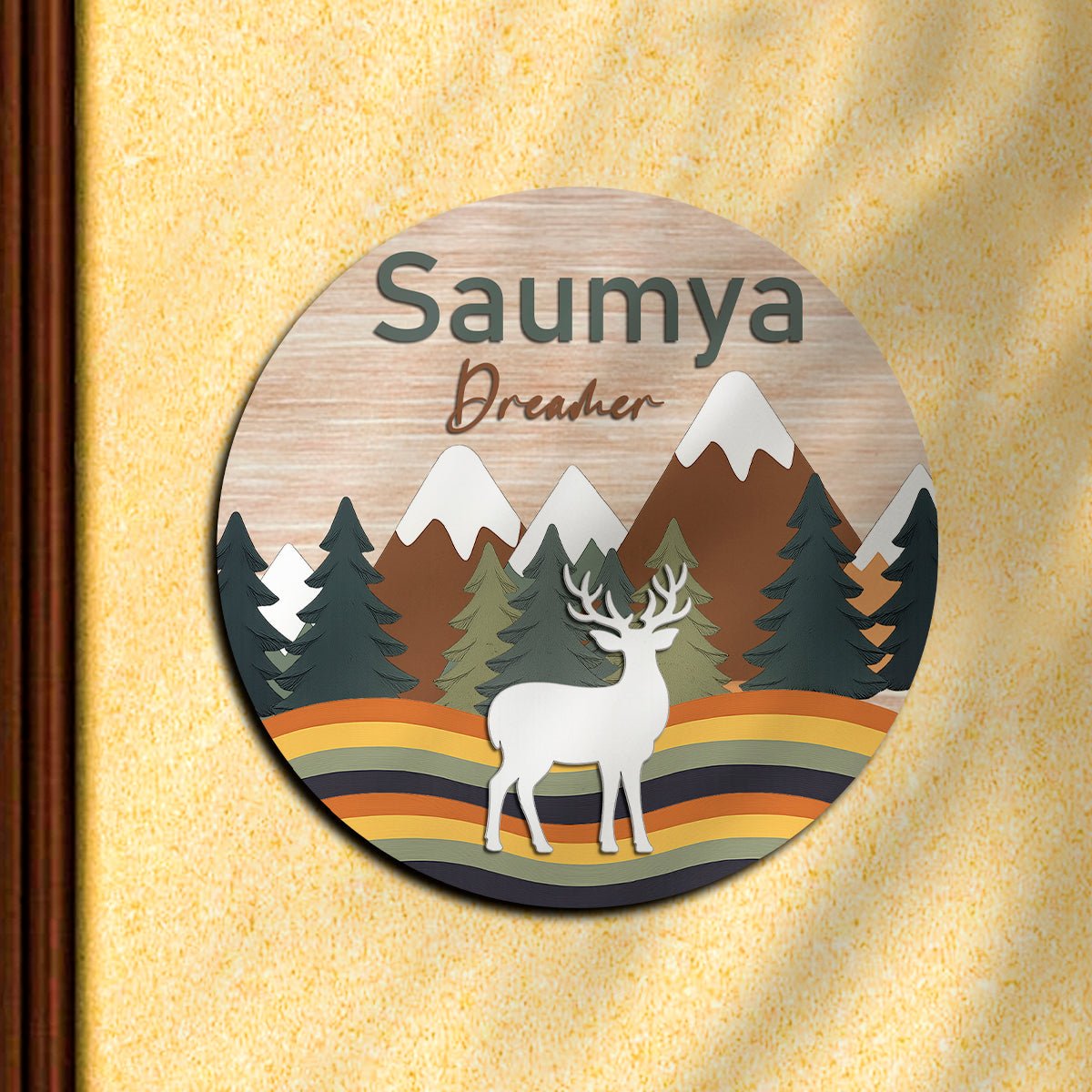 Wooden Name Plate for Kids Room — Mountain & Deer, 12x12 Inch - Sblossom