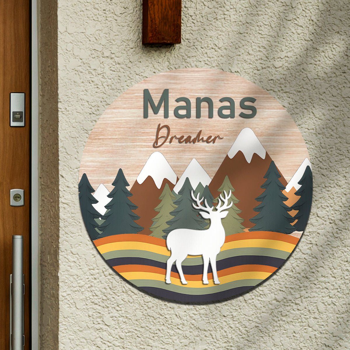 Wooden Name Plate for Kids Room — Mountain & Deer, 12x12 Inch - Sblossom