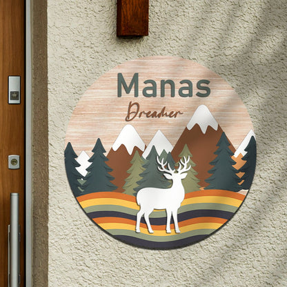 Wooden Name Plate for Kids Room — Mountain & Deer, 12x12 Inch - Sblossom