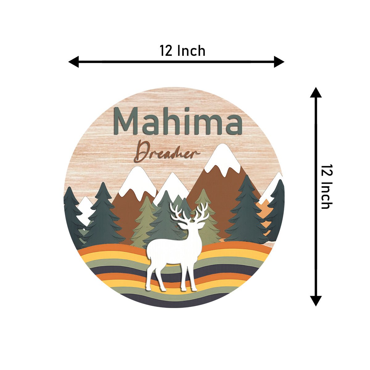 Wooden Name Plate for Kids Room — Mountain & Deer, 12x12 Inch - Sblossom