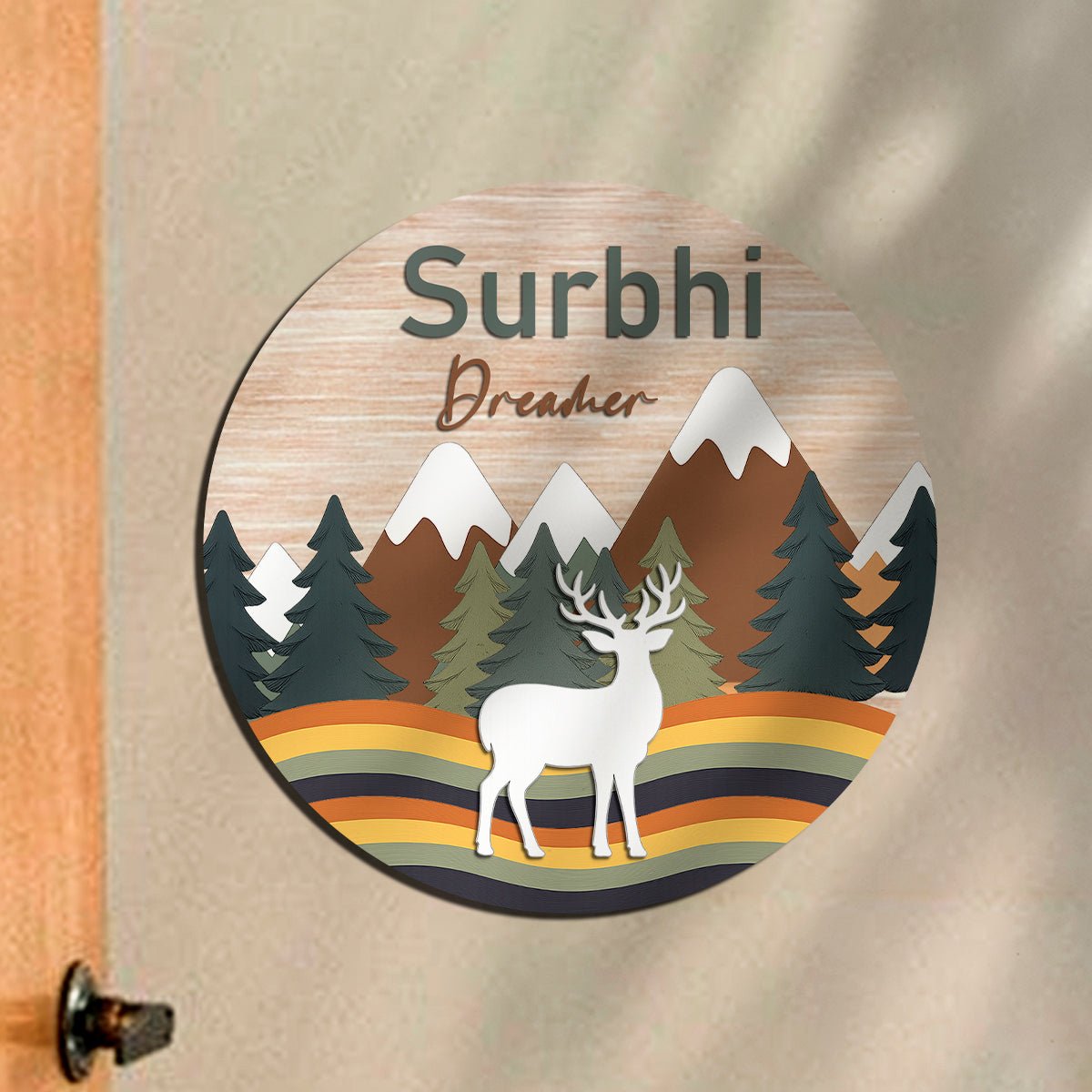 Wooden Name Plate for Kids Room — Mountain & Deer, 12x12 Inch - Sblossom
