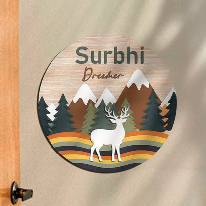 Wooden Name Plate for Kids Room — Mountain & Deer, 12x12 Inch - Sblossom