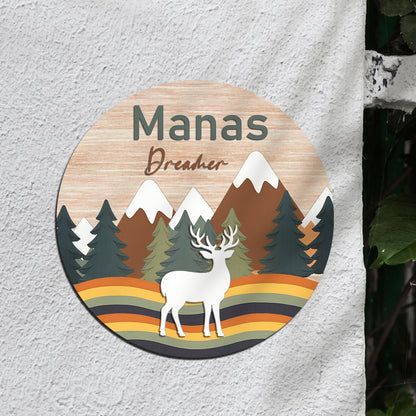 Wooden Name Plate for Kids Room — Mountain & Deer, 12x12 Inch - Sblossom