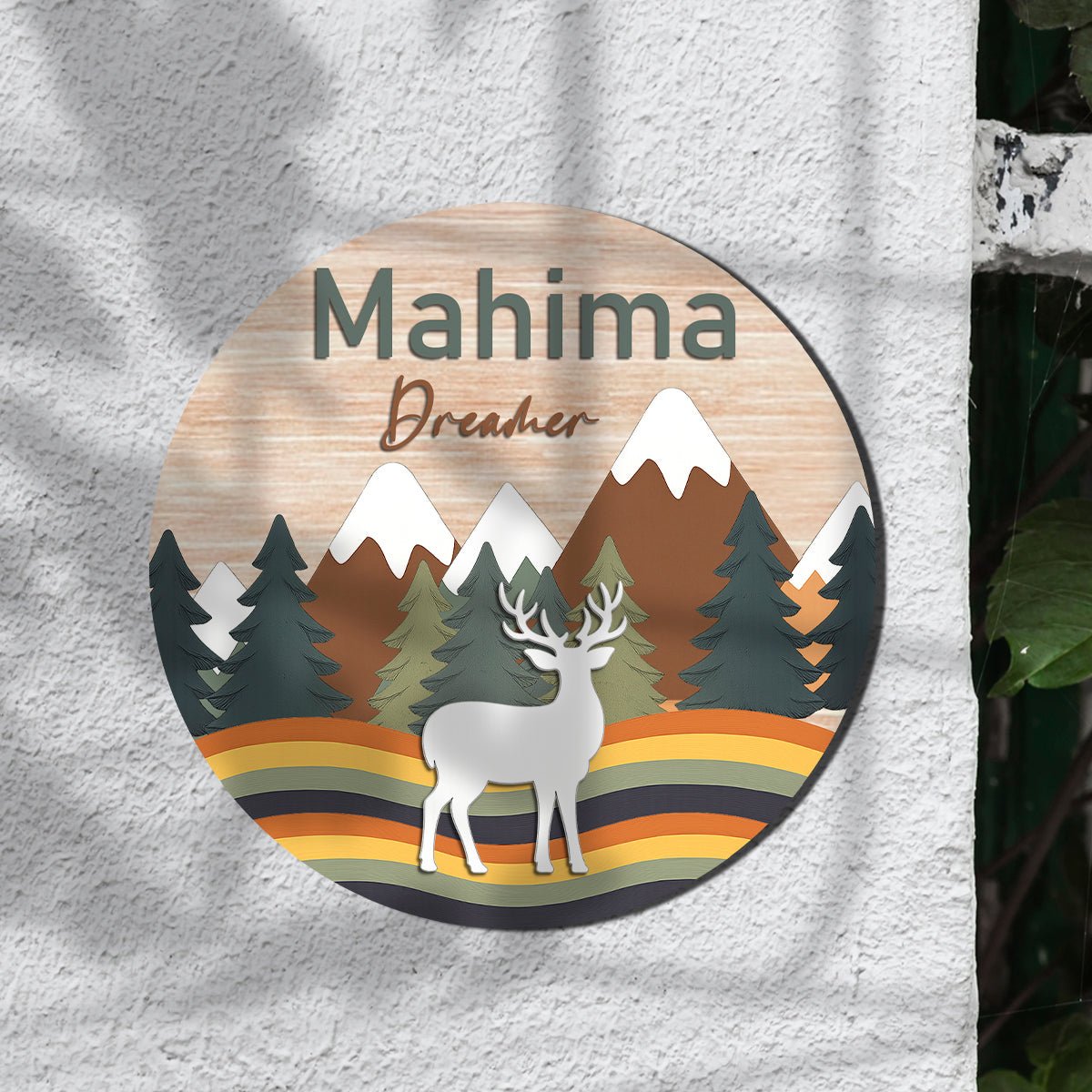 Wooden Name Plate for Kids Room — Mountain & Deer, 12x12 Inch - Sblossom