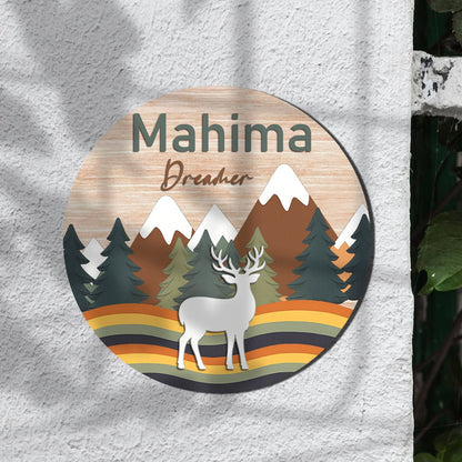 Wooden Name Plate for Kids Room — Mountain & Deer, 12x12 Inch - Sblossom