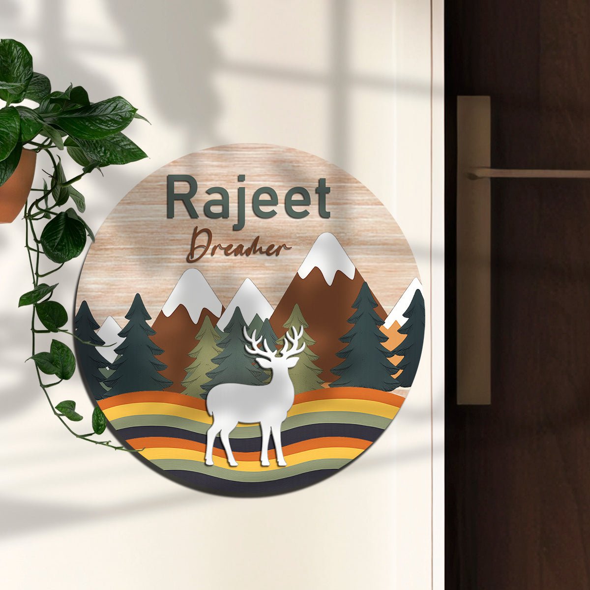 Wooden Name Plate for Kids Room — Mountain & Deer, 12x12 Inch - Sblossom