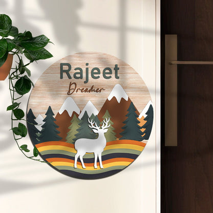 Wooden Name Plate for Kids Room — Mountain & Deer, 12x12 Inch - Sblossom