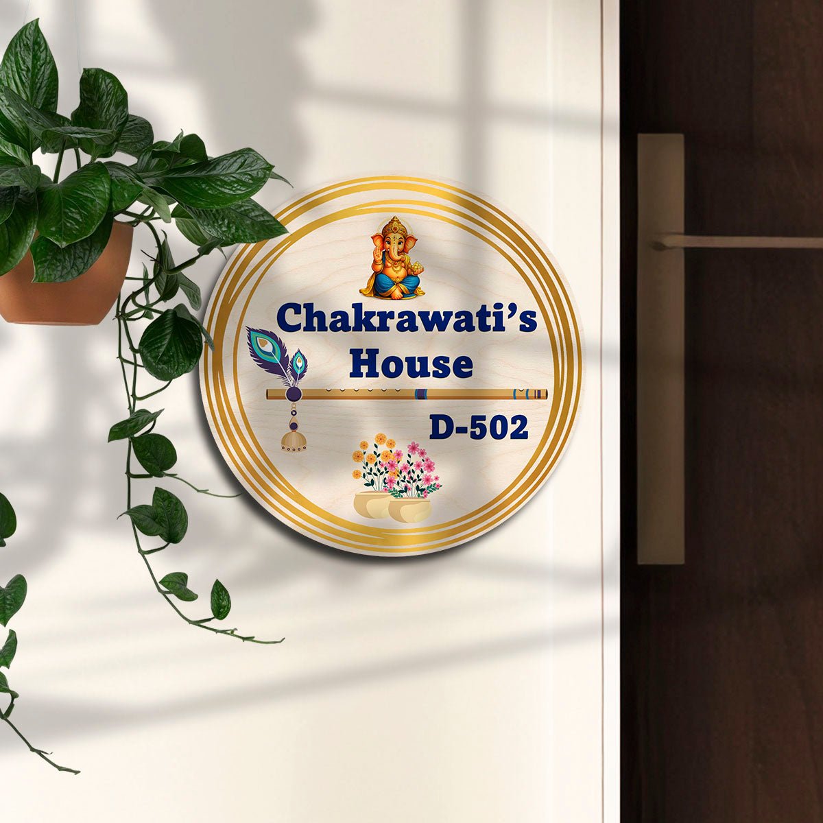 Wooden Name Plate – Ganesha & Krishna Round in 3D - Sblossom