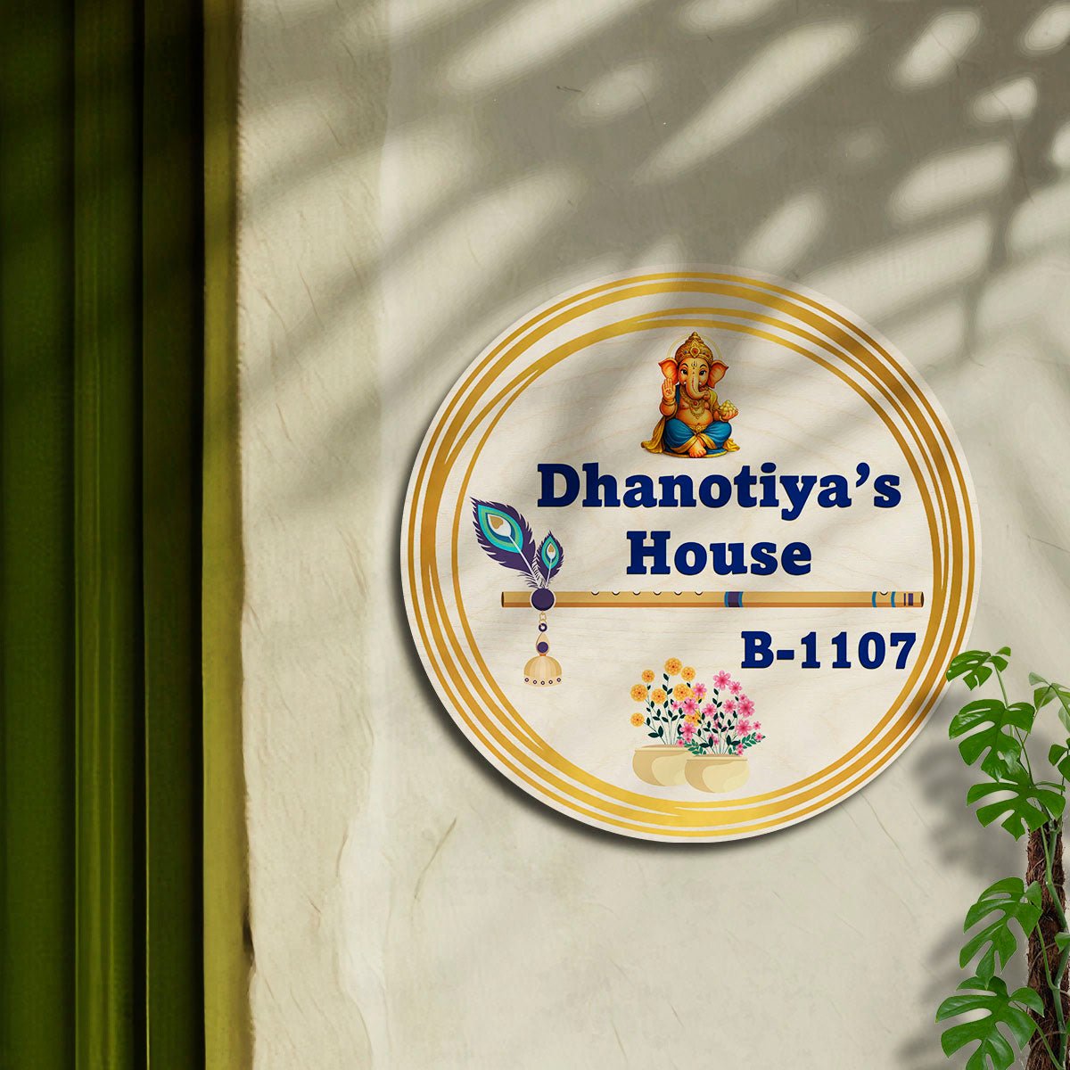 Wooden Name Plate – Ganesha & Krishna Round in 3D - Sblossom