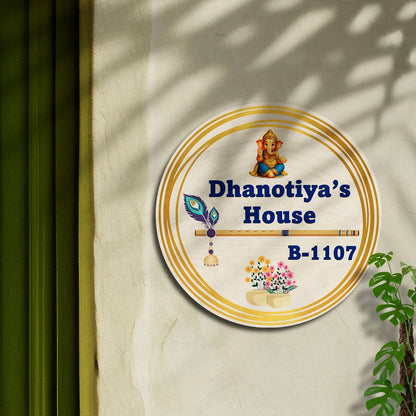 Wooden Name Plate – Ganesha & Krishna Round in 3D - Sblossom