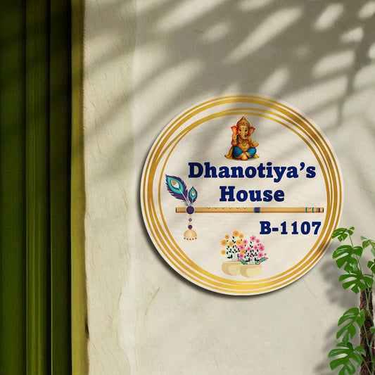 Wooden Name Plate – Ganesha & Krishna Round in 3D - Sblossom