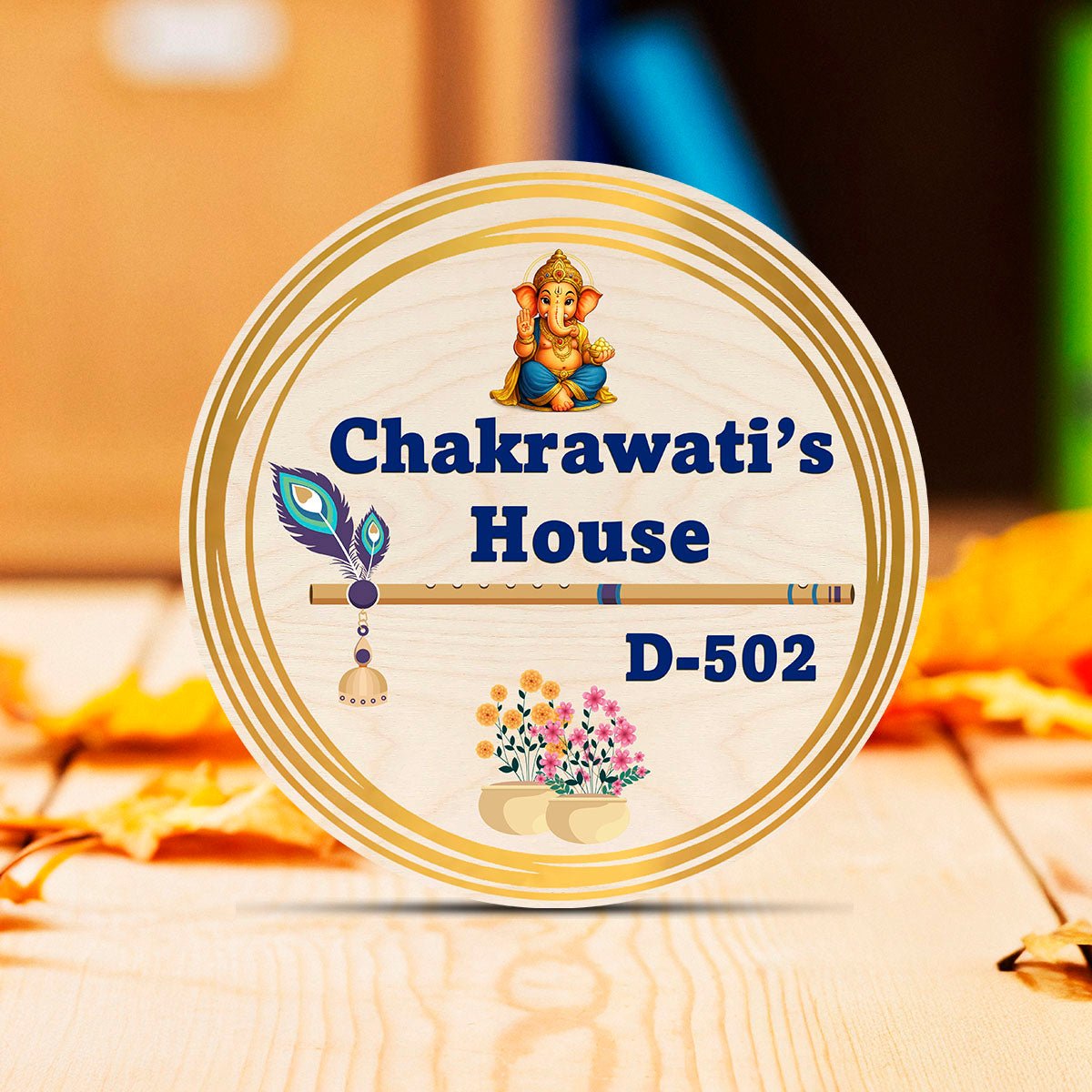 Wooden Name Plate – Ganesha & Krishna Round in 3D - Sblossom