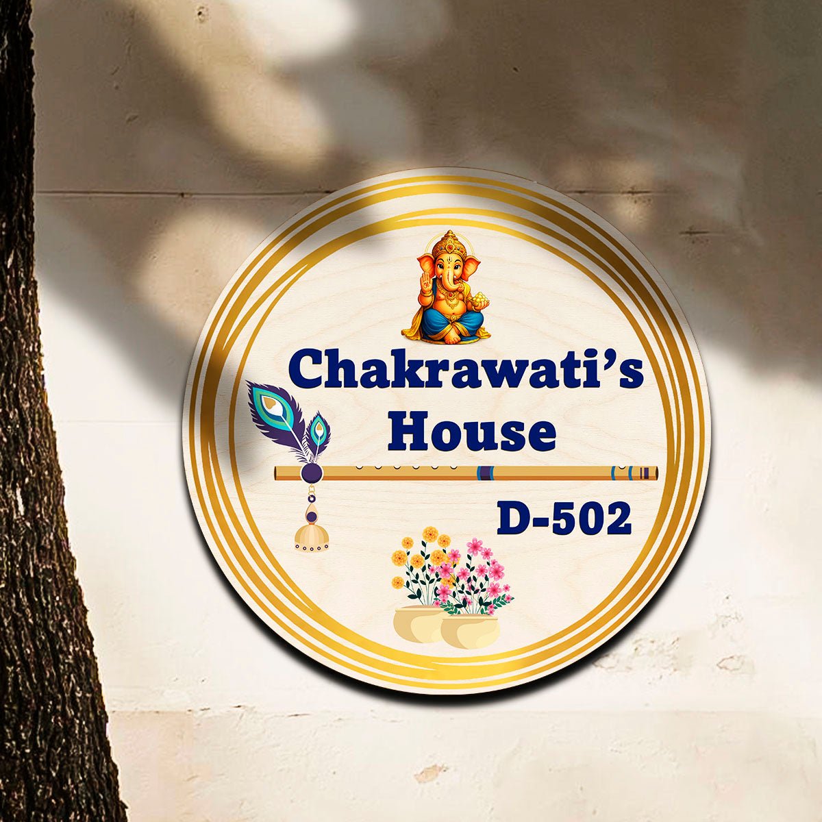 Wooden Name Plate – Ganesha & Krishna Round in 3D - Sblossom