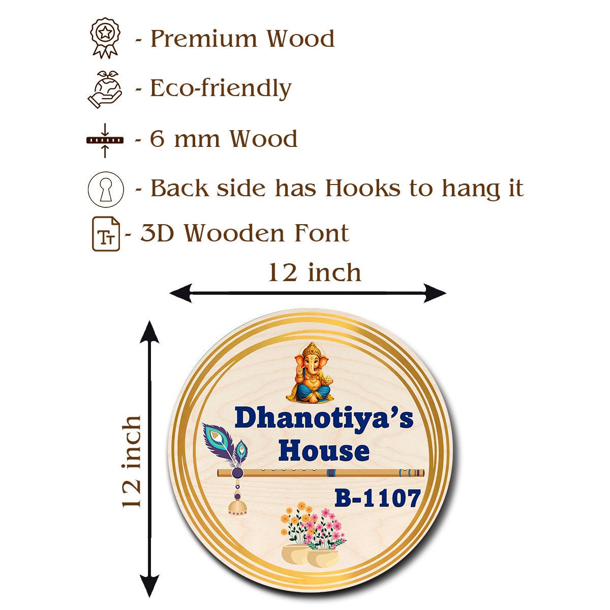 Wooden Name Plate – Ganesha & Krishna Round in 3D - Sblossom
