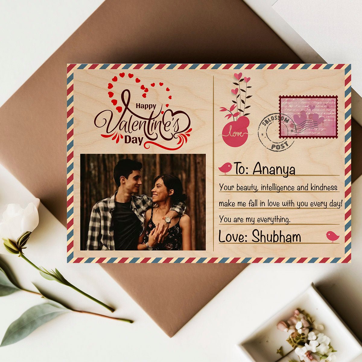 Wooden Photo Postcard with Personalized Stamp and Picture Design - Sblossom