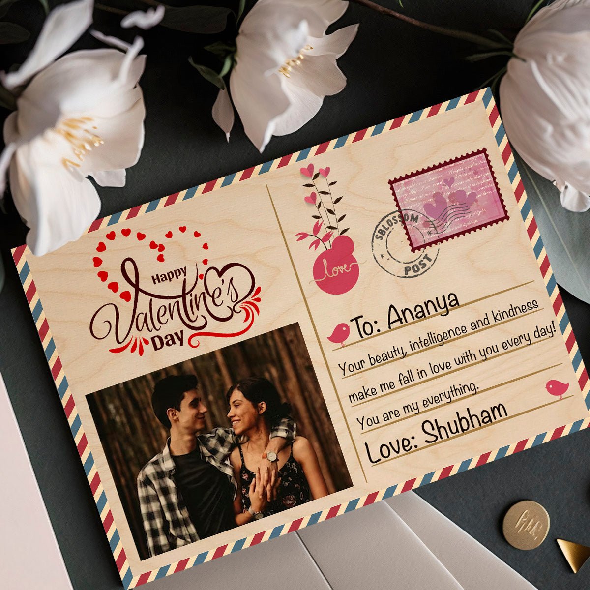 Wooden Photo Postcard with Personalized Stamp and Picture Design - Sblossom