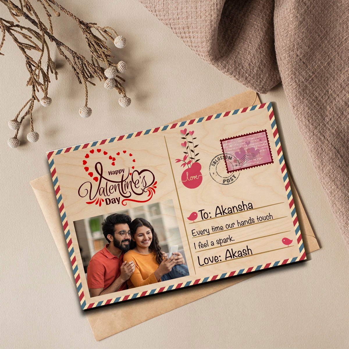 Wooden Photo Postcard with Personalized Stamp and Picture Design - Sblossom