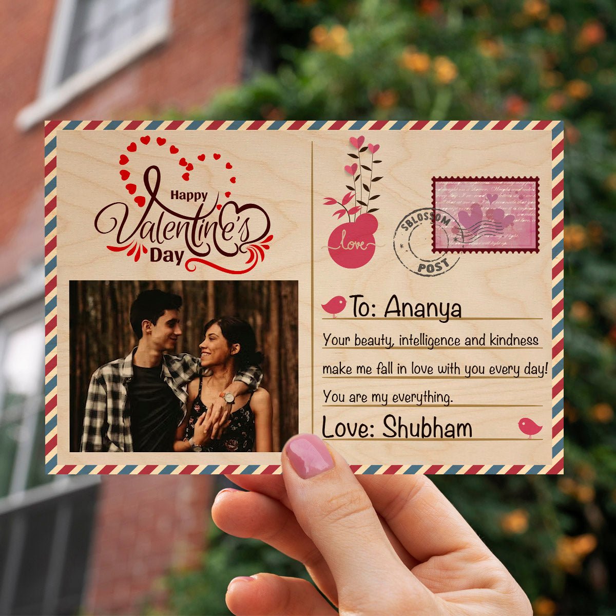 Wooden Photo Postcard with Personalized Stamp and Picture Design - Sblossom