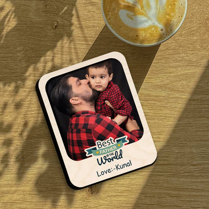 World Best Father Photo Magnet in Wood with Heart Print Design, 4x3 Inch - Sblossom