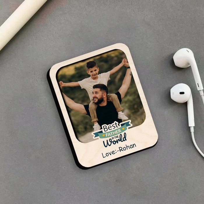 World Best Father Photo Magnet in Wood with Heart Print Design, 4x3 Inch - Sblossom