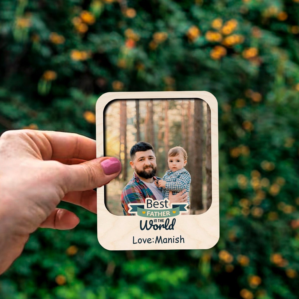 World Best Father Photo Magnet in Wood with Heart Print Design, 4x3 Inch - Sblossom