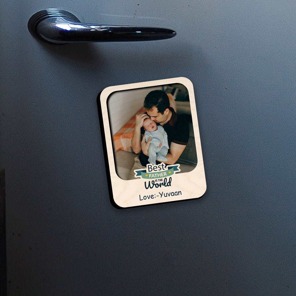 World Best Father Photo Magnet in Wood with Heart Print Design, 4x3 Inch - Sblossom