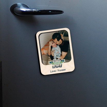 World Best Father Photo Magnet in Wood with Heart Print Design, 4x3 Inch - Sblossom