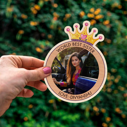 World Best Sister Magnet in Wood with Crown Circle Photo Design - Sblossom